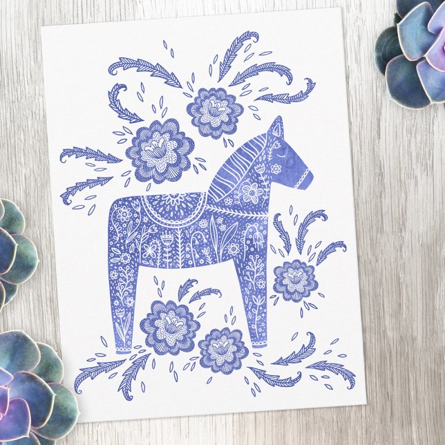 Swedish Dala Horse Blue and White Postcard (Blue and white Swedish Dala Horse postcard)