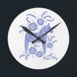 Swedish Dala Horse Blue and White Round Clock<br><div class="desc">A traditional Swedish Dala Horse design in periwinkle blue and white.</div>