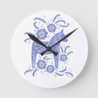 Swedish Dala Horse Blue and White Round Clock