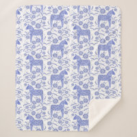 Swedish Dala Horse Blue and White Sherpa Blanket