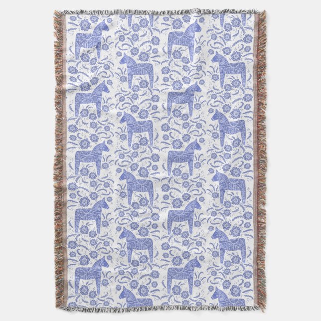Swedish Dala Horse Blue and White Throw Blanket (Front Vertical)