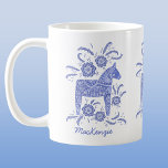 Swedish Dala Horse Blue Personalized Coffee Mug<br><div class="desc">A traditional Swedish Dala Horse design in indigo blue and white. Ideal for those who love horses,  ponies and all things Scandinavian.  Change the name to customize.  Original art by Nic Squirrell.</div>
