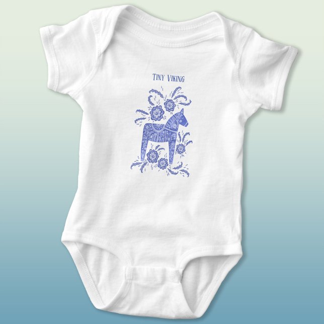 Swedish Dala Horse Blue Tiny Viking Baby Bodysuit (Tiny Viking Swedish Dala Horse  baby bodysuit)