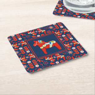 Swedish Dala Horse Christmas Square Paper Coaster