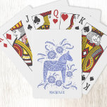 Swedish Dala Horse Custom Name Blue Playing Cards<br><div class="desc">A Dalecarlian Horse traditional Swedish design in indigo blue.
Change or remove the name to customize.</div>