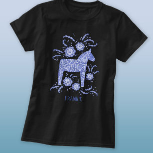 Swedish Dala Horse Folk Art Blue Custom Name T-Shirt