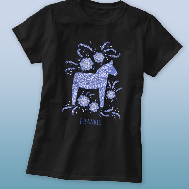 Swedish Dala Horse Folk Art Blue Custom Name T-Shirt (Creator Uploaded)