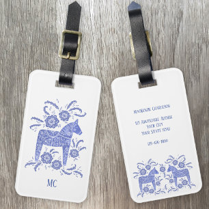 Swedish Dala Horse Folk Art Blue & White Custom Luggage Tag