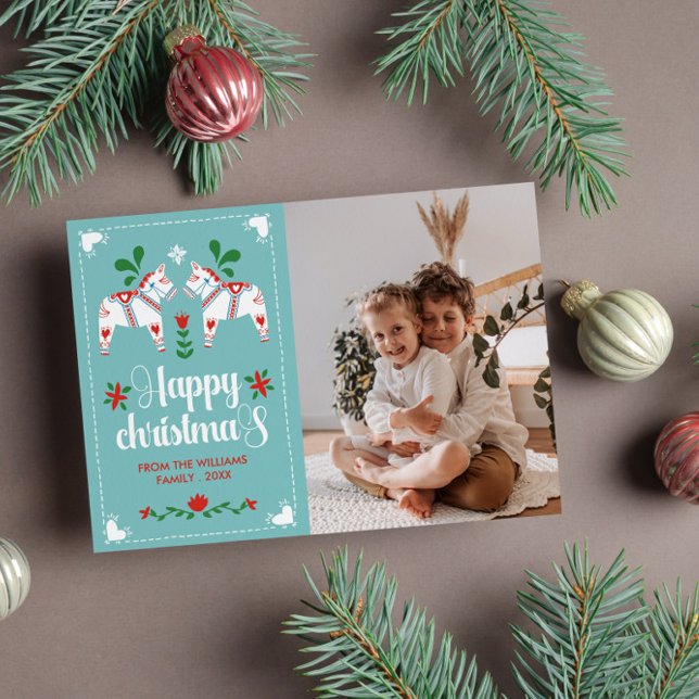 Swedish Dala Horse Folk Art Happy Christmas Holiday Card (Creator Uploaded)