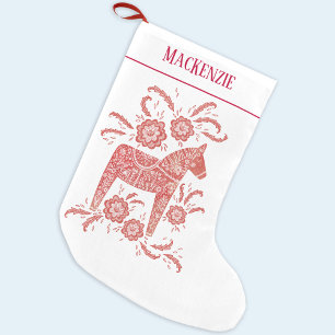 Swedish Dala Horse Folk Art Personalised Red White Small Christmas Stocking