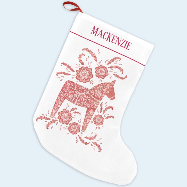 Swedish Dala Horse Folk Art Personalised Red White Small Christmas Stocking (Creator Uploaded)