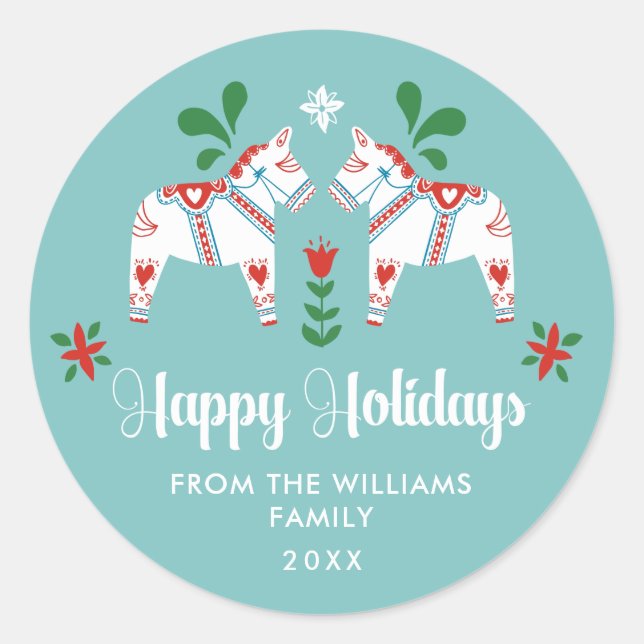 Swedish Dala Horse Folk Happy Holidays Christmas Classic Round Sticker (Front)