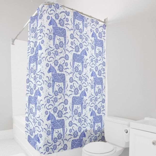 Swedish Dala Horse Fresh Blue and White Shower Curtain (Blue and white Swedish Dala Horse folk art pattern shower curtain)