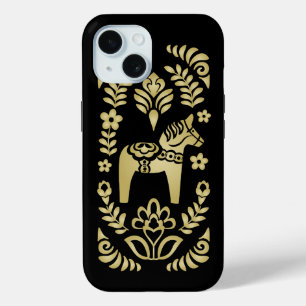 Swedish Dala Horse Gold and Black iPhone 15 Case