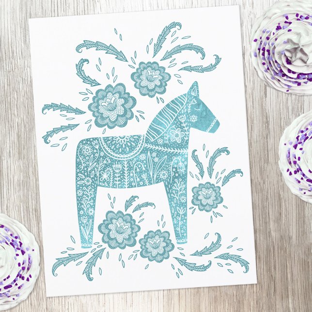Swedish Dala Horse Green and White Postcard (Swedish Dala Horse folk art teal and white postcard)