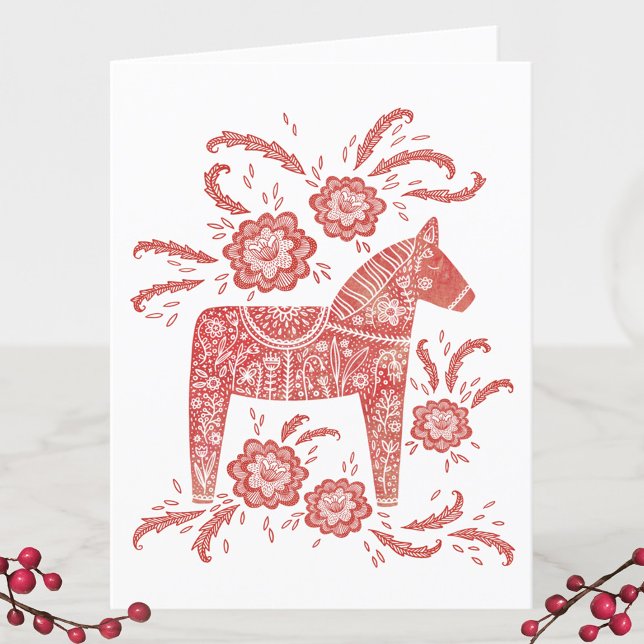 Swedish Dala Horse Holiday Card (Swedish Dala Horse personalized red and white holiday card)