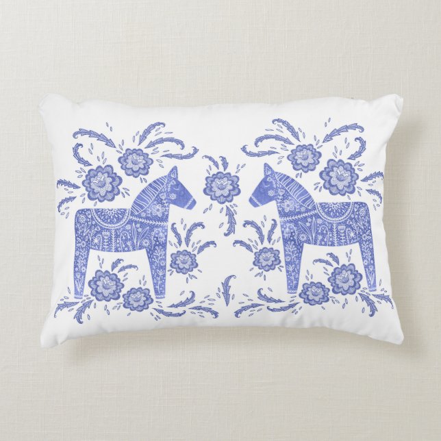 Swedish Dala Horse Indigo Blue and White Decorative Cushion (Front)