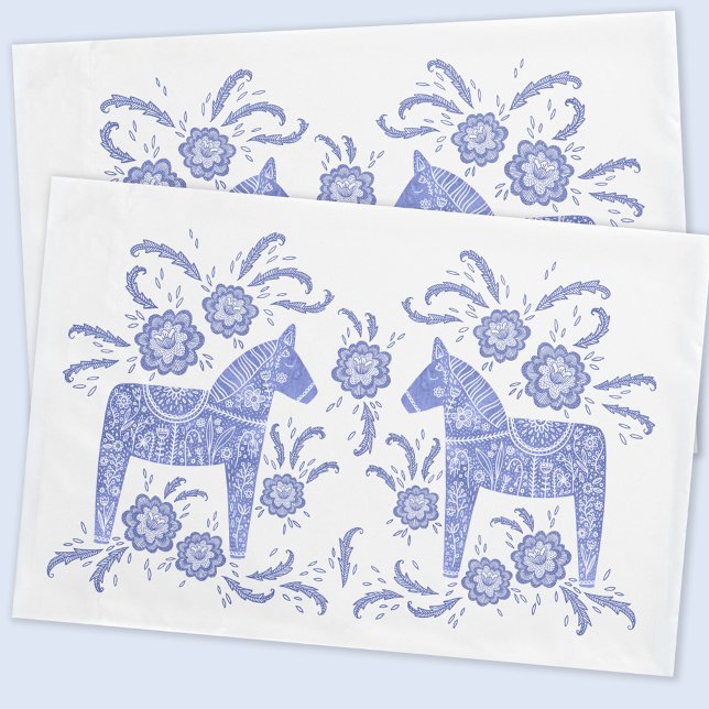 Swedish Dala Horse Indigo Blue and White Pillowcase (Swedish Dala Horse folk art blue and white pillow cases)