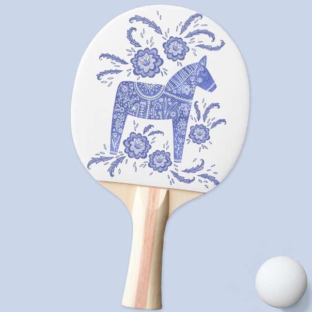 Swedish Dala Horse Indigo Blue Folk Art Ping Pong Paddle (Swedish Dala Horse blue and white folk art ping pong paddle)
