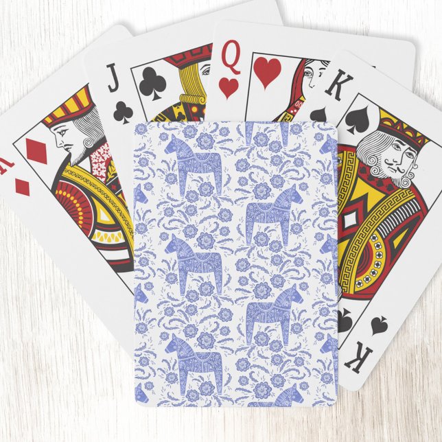 Swedish Dala Horse Indigo Blue Folk Art Playing Cards (Swedish Dala Horse blue and white patterned playing cards)