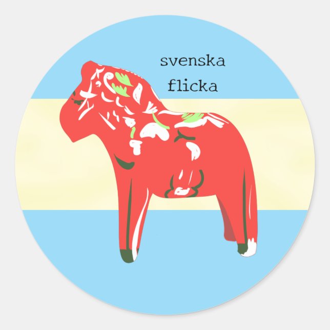 Swedish Dala Horse on Blue and Yellow Classic Round Sticker (Front)