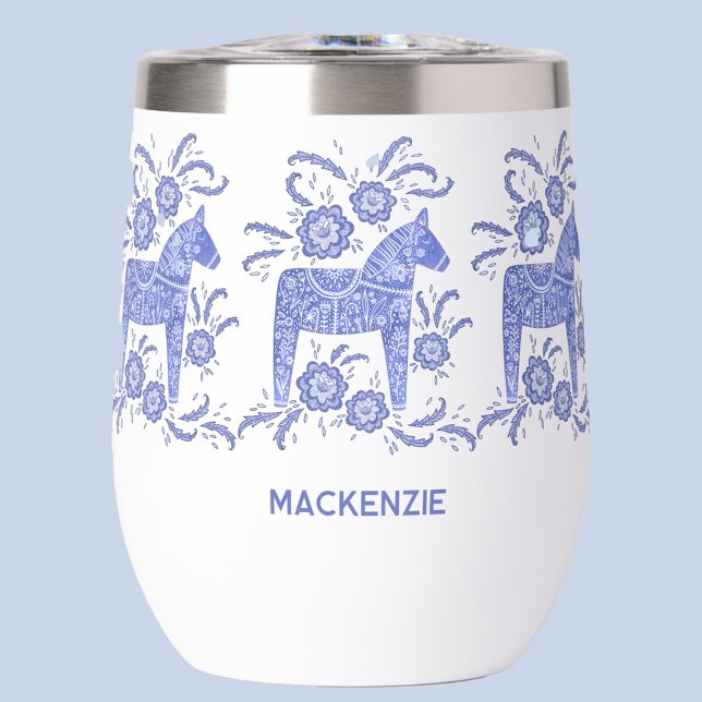 Swedish Dala Horse Personalised (Swedish Dala Horse blue and white personalized thermal wine tumbler)