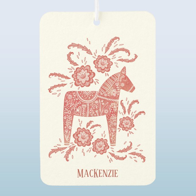 Swedish Dala Horse Personalised Red Car Air Freshener (Red and white Swedish Dala Horse personalized name car or vehicle air freshener)