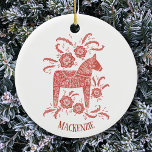 Swedish Dala Horse Personalised Red Ceramic Tree Decoration<br><div class="desc">Festive red and white painting of a Swedish Dala Horse. Change or remove the name to customise.  Original art by Nic Squirrell.</div>