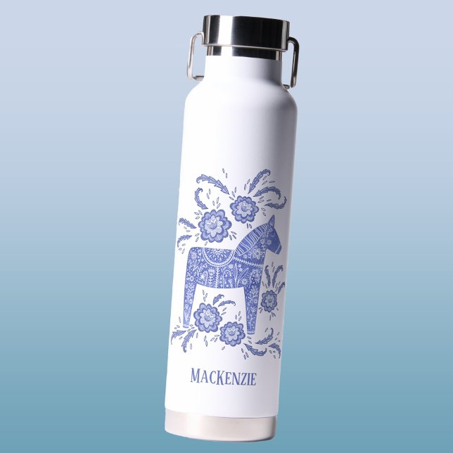 Swedish Dala Horse Personalised Water Bottle (Swedish Dala Horse personalized blue and white water bottle)