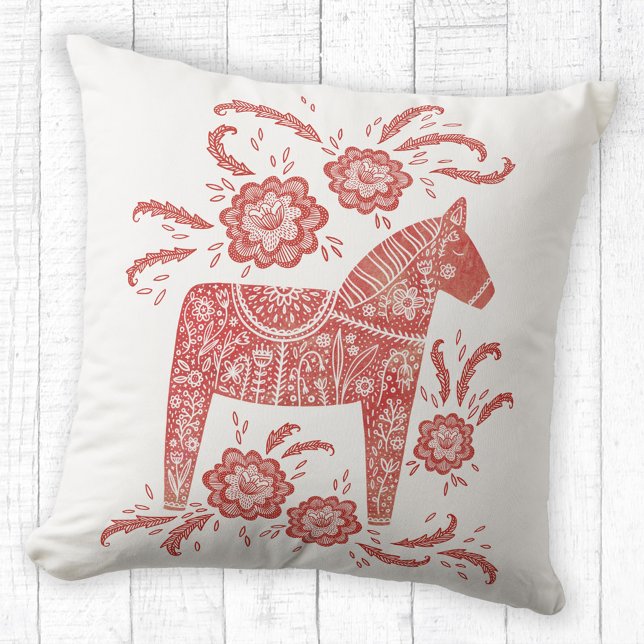 Swedish Dala Horse Red and White Cushion (Red and white Swedish Dala Horse pillow)