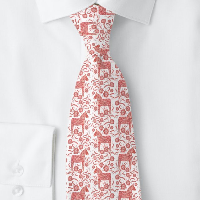 Swedish Dala Horse Red and White Folk Art Tie (Swedish Dala Horse red and white folk art pattern tie)