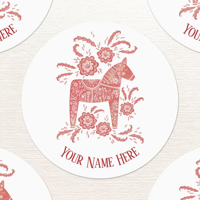 Swedish Dala Horse Red and White Personalised (Personalized custom text red and white Swedish Dala Horse stickers)