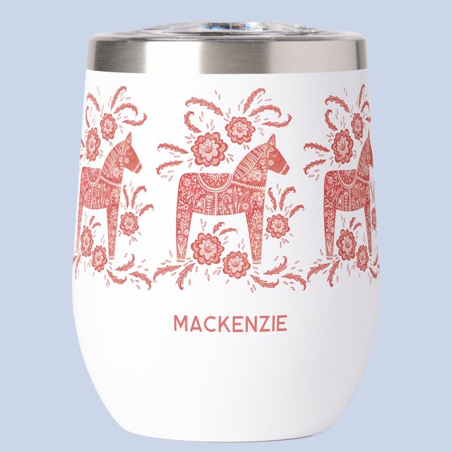 Swedish Dala Horse Red and White Personalised (Red and white Swedish Dala horse Scandinavian folk art personalized custom name thermal wine tumbler)