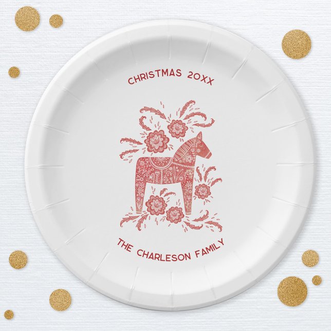 Swedish Dala Horse Red and White Personalised Paper Plate (Swedish Dala Horse Scandinavian red and white personalized custom text Christmas party paper plates)
