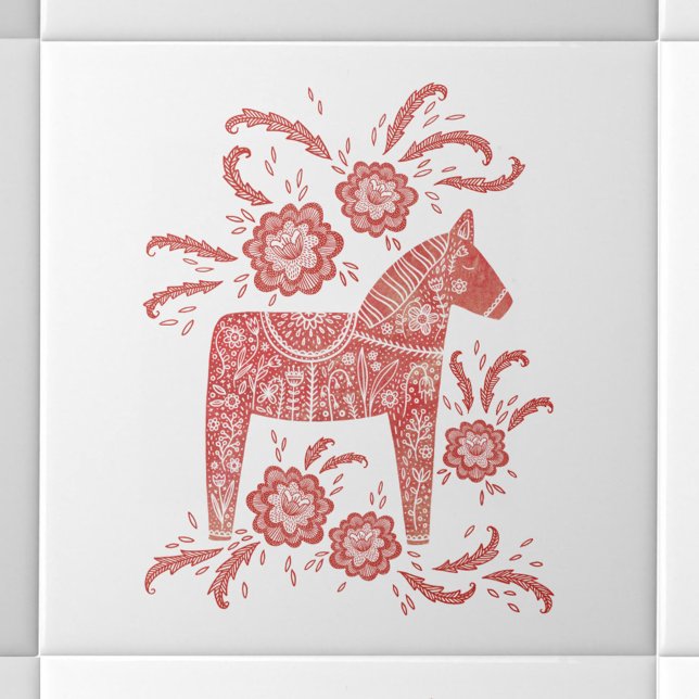 Swedish Dala Horse Red and White Tile (Swedish Dala Horse red and white folk art ceramic tile)
