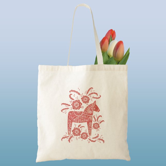 Swedish Dala Horse Red and White Tote Bag (Red and white Swedish Dala Horse folk art tote bag)