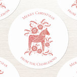 Swedish Dala Horse Red Christmas Classic Round Sticker<br><div class="desc">Traditional Swedish Dalecarlian Dala Horse folk art in red and white.  Original art by Nic Squirrell.  Change the text and name to customise.</div>
