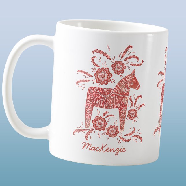 Swedish Dala Horse Red Personalised Coffee Mug (Swedish Dala horse personalized custom name coffee mug)