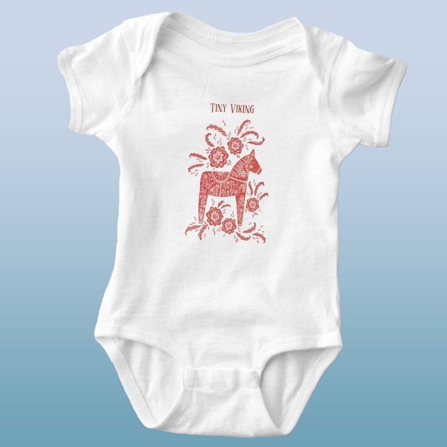 Swedish Dala Horse Red Tiny Viking Baby Bodysuit (Swedish Dala Horse red and white Tiny Viking baby bodysuit)