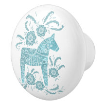 Swedish Dala Horse Teal and White Ceramic Knob