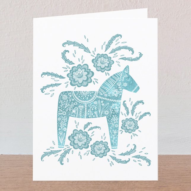 Swedish Dala Horse Teal and White Greetings Card (Swedish Dala Horse teal green greetings card with custom text inside)