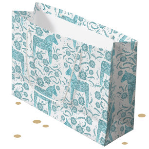 Swedish Dala Horse Teal and White Large Gift Bag