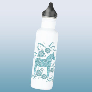 Swedish Dala Horse Teal Green and White 710 Ml Water Bottle