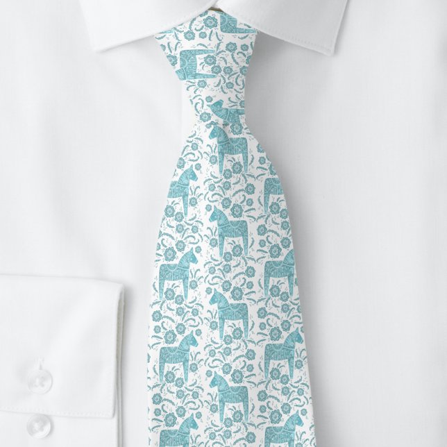 Swedish Dala Horse Teal Green and White Folk Art Tie (Swedish Dala Horse folk art teal green neck tie)
