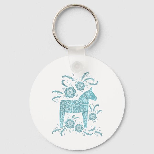 Swedish Dala Horse Teal Green and White Key Ring (Front)