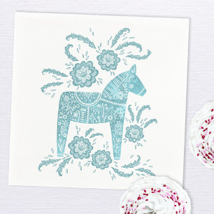 Swedish Dala Horse Teal Green and White Napkin