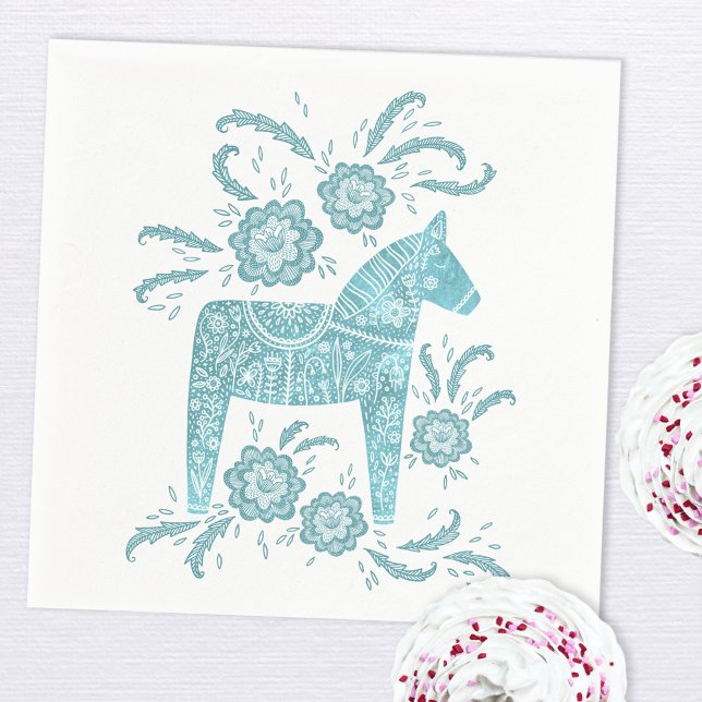 Swedish Dala Horse Teal Green and White Napkin (Swedish Dala Horse art paper napkin in teal green and white)