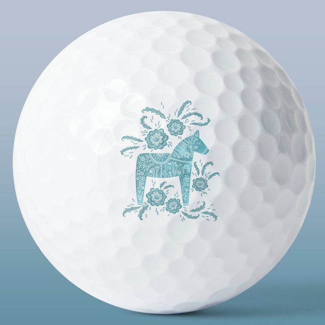 Swedish Dala Horse Teal Green Folk Art Golf Balls (Swedish Dala Horse traditional folk art golf ball)