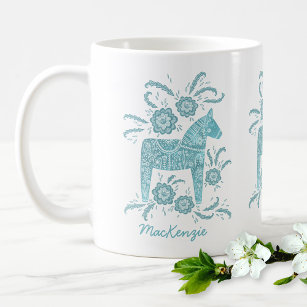 Swedish Dala Horse Teal Personalised Coffee Mug