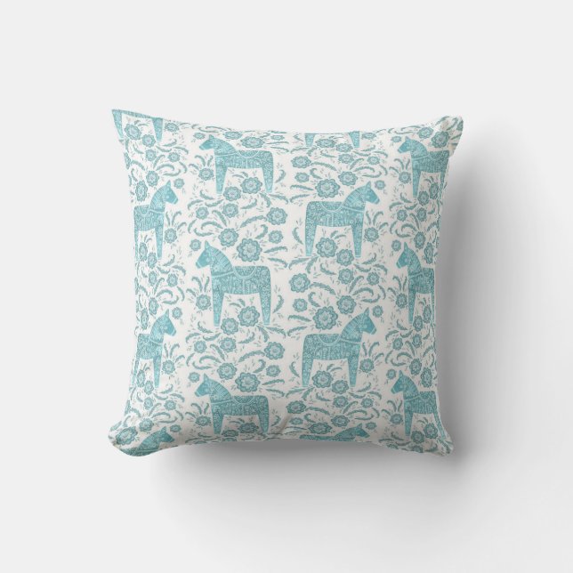 Swedish Dala Horse Traditional Folk Art Teal Green Cushion (Front)